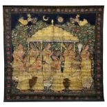 AN INDIAN PICHWAI PANEL.
Painted to depict nine ladies dancing and playing musical instruments in