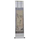 A CHINESE PAINTING OF A BEAUTY ON A BOAT.
19th / 20th Century.
Scroll mounted, 102 x 33cm.

19/