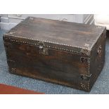 A stained pine and metal bound trunk, with close s