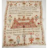 An unframed cross stitch sampler depicting Soloman's Temple, verse and floral motifs, worked by