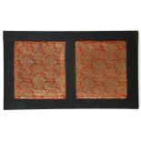 A PAIR OF RED SILK PANELS WITH GOLD BROCADE.
Ming Dynasty.
Woven with a repeating pattern of lotus