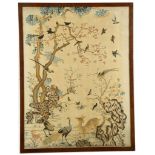 A CHINESE SILK EMBROIDERED PANEL.
Late Qing.
Depicting fruiting and flowering trees issuing from