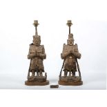 A PAIR OF CARVED WOODEN GUARDIAN FIGURES.Ming or