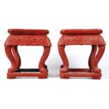 A PAIR OF CHINESE CINNABAR LACQUER STANDS.
Late 19th / early 20th Century.
Of square section, a