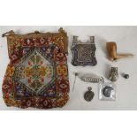 A beadwork bag c.1910 and other items.