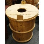 A Scandinavian pine drum scullery tub, pierced lid, banded body, 65cm diameter x 73cm high.