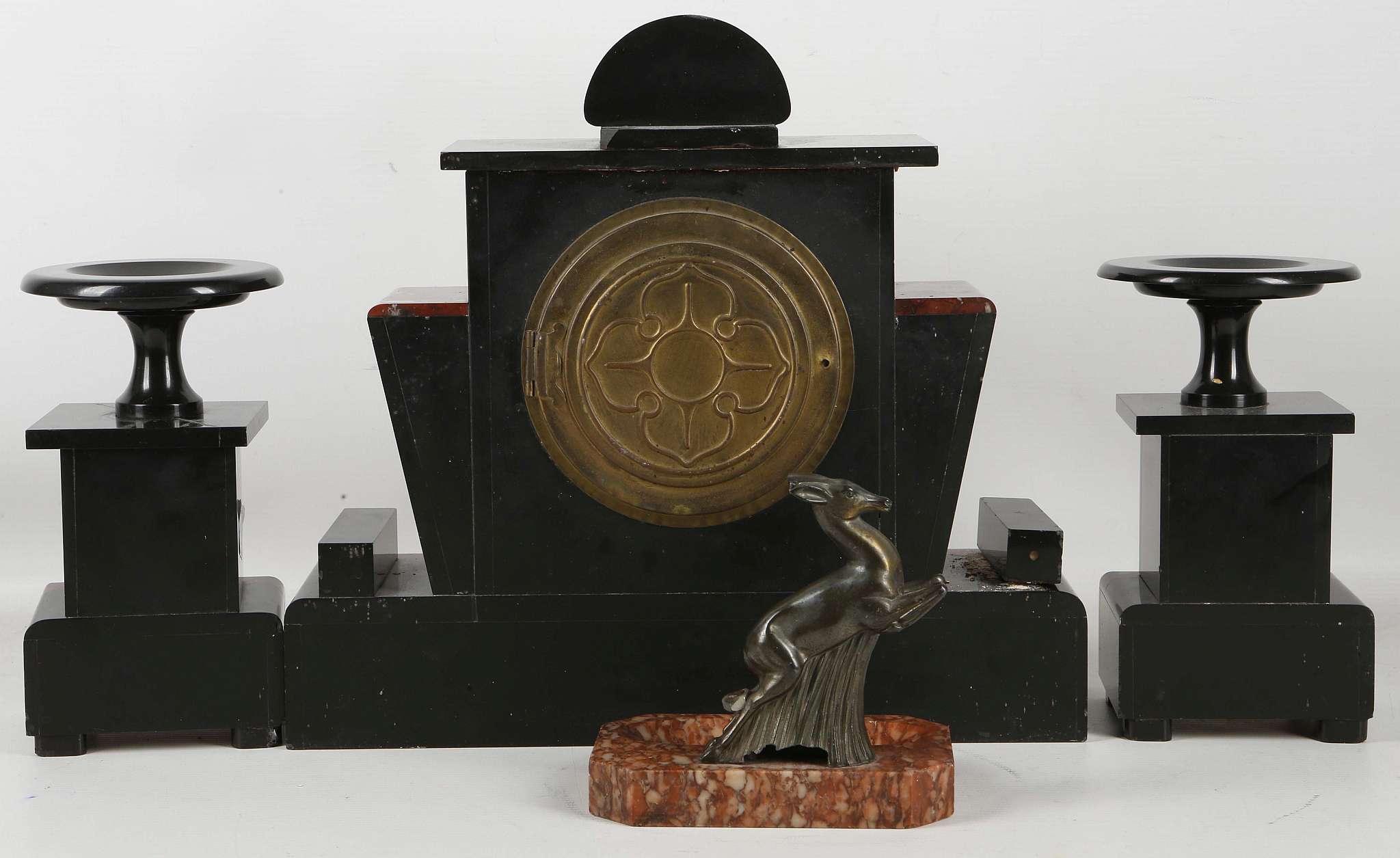 An Edwardian Belgian slate and red marble clock garniture, having a shaped clock case and matching - Image 2 of 2