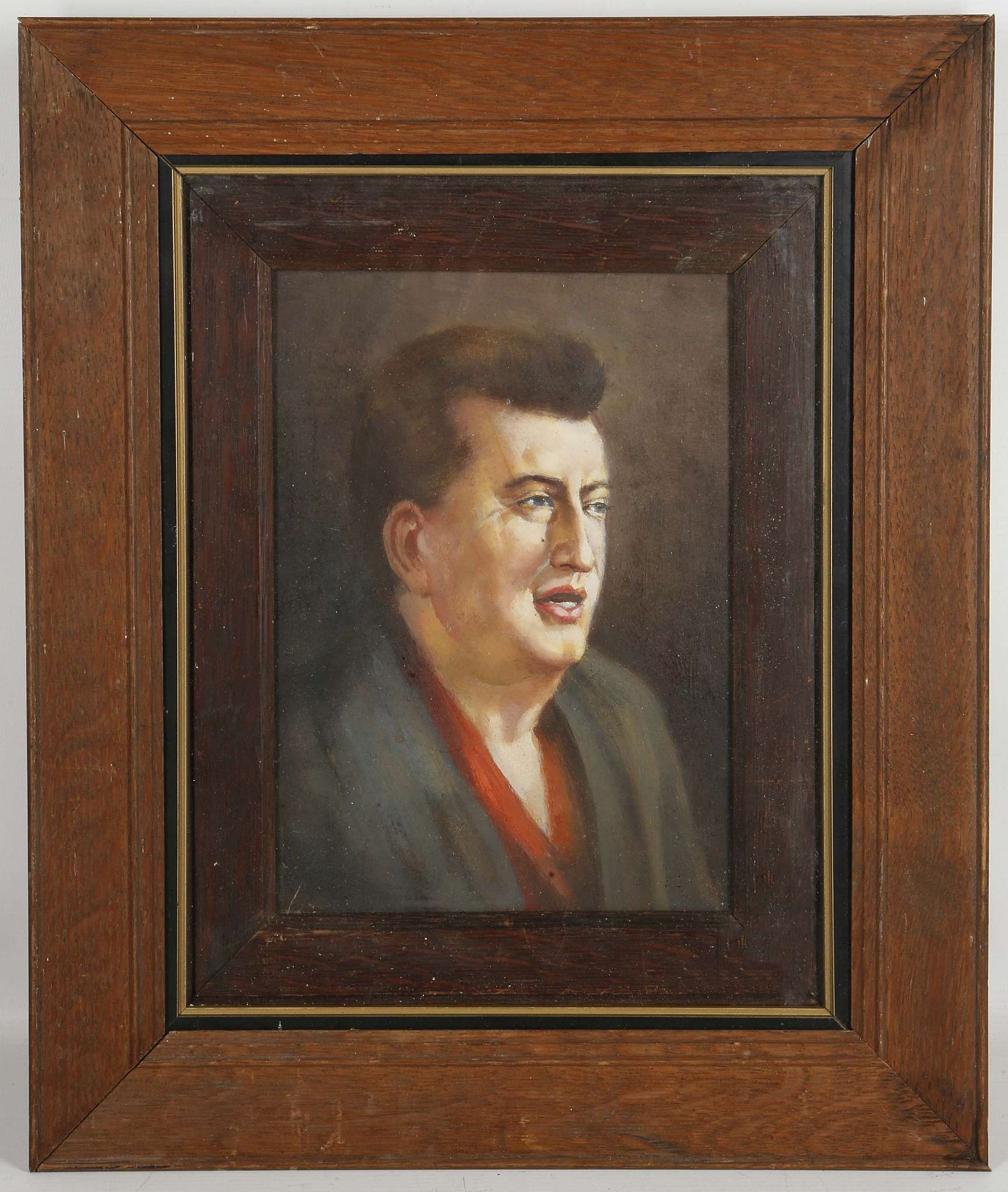 An oil painting portrait of Irish poet and author, Brendan Behan. 24 x 17cm.