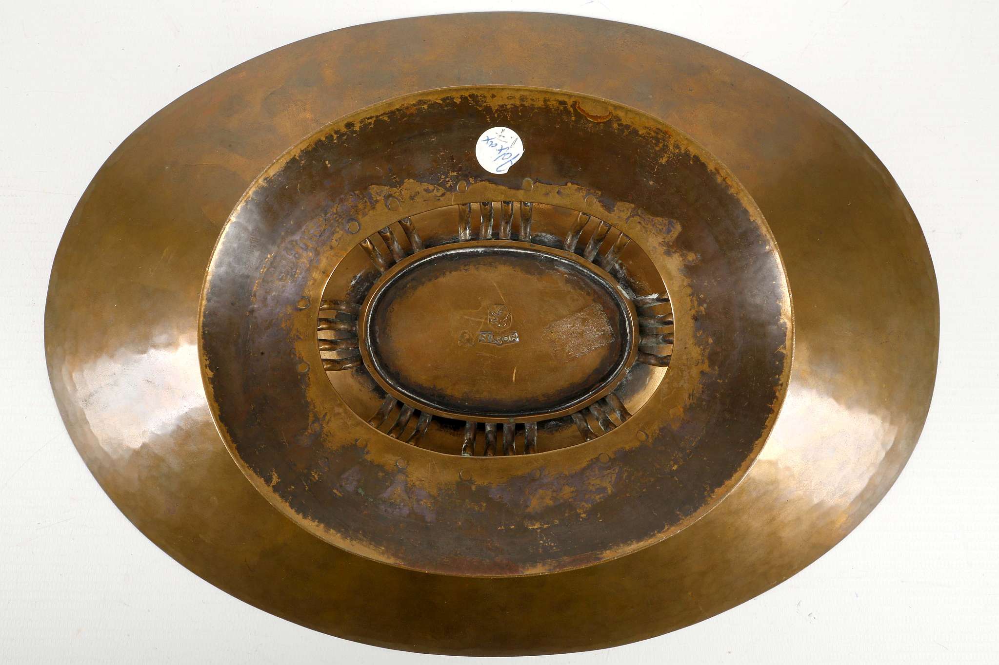 A NELSON ART NOUVEAU HAMMERED COPPER DISH, circa 1920, oval form raised on a stylised foot, - Image 5 of 6