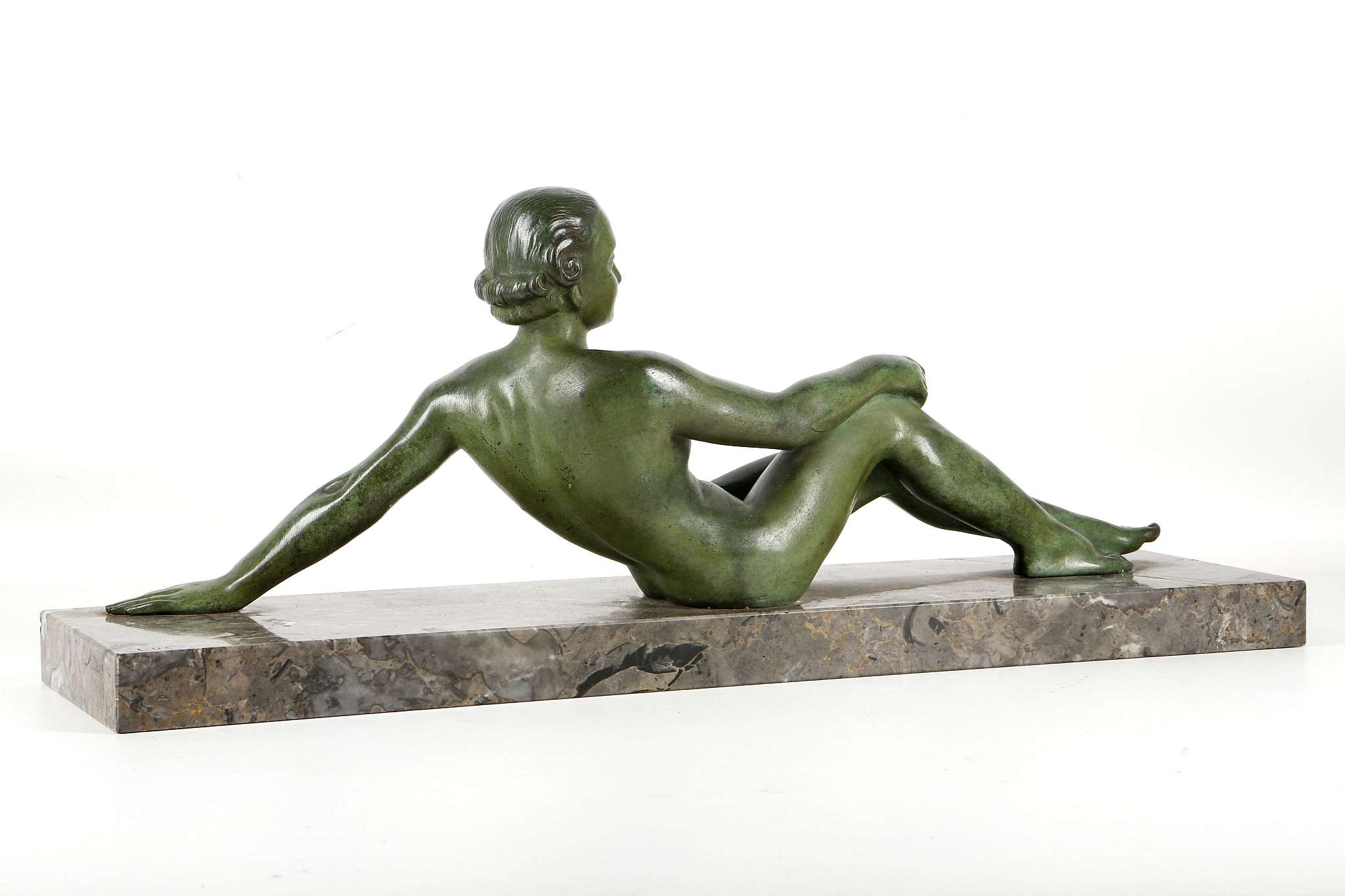 A 1930's ART DECO FEMALE RECLINING NUDE BRONZE SCULPTURE, in the manner of Marcel-Andre Bouraine, on - Image 3 of 4
