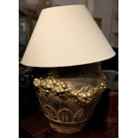 A pair of modern pottery table lamps, with taupe s
