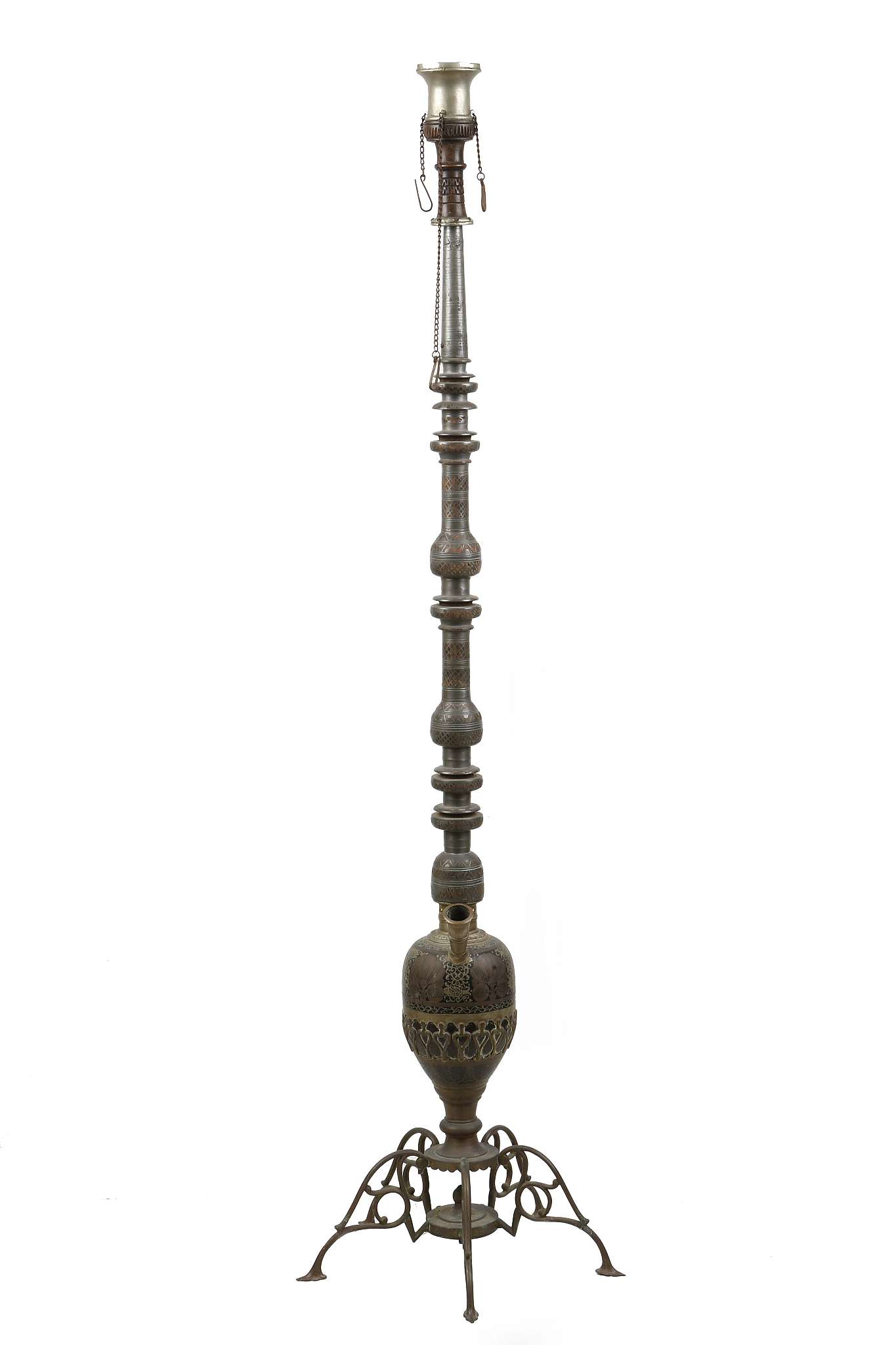 A WOOD AND MIXED METAL HOOKAH. 

125cm H.
