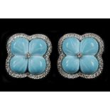 A pair of 18ct white gold carved turquoise and dia