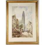 T.W Morely fl. 1906-1927, a Continetal street scene, with views of a cathedral, signed, 74 x 48cm,