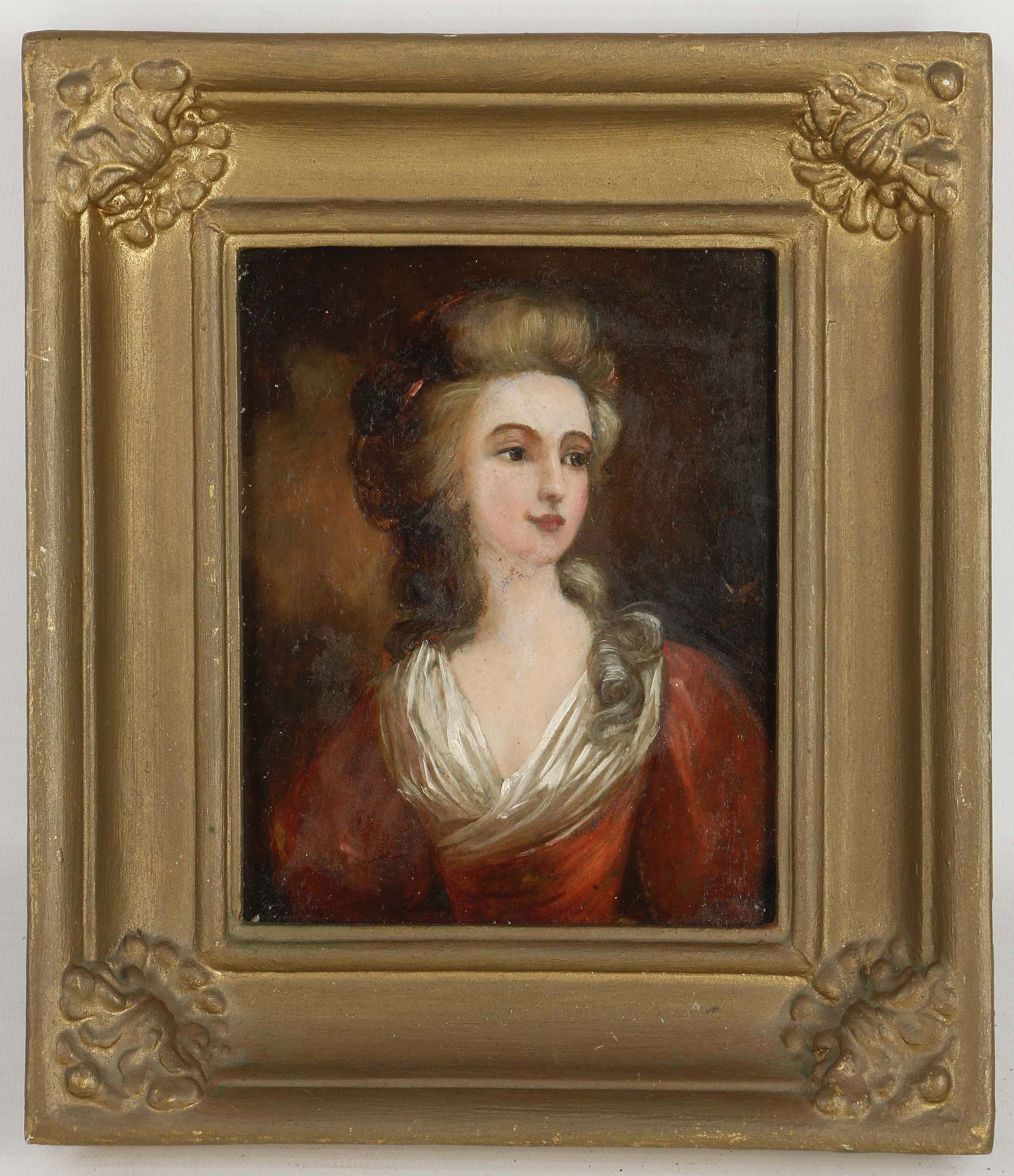 A mounted portrait miniature, oil on copper, of a 18th century lady.