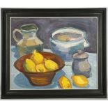 JENNIFER WOOD, 20th century. Oil on canvas, still life with lemons, signed, framed, 49 x 61cm.