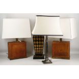 Two leather clad contemporary table lamps, brass feet, 23cm wide, a contemporary column lamp and a