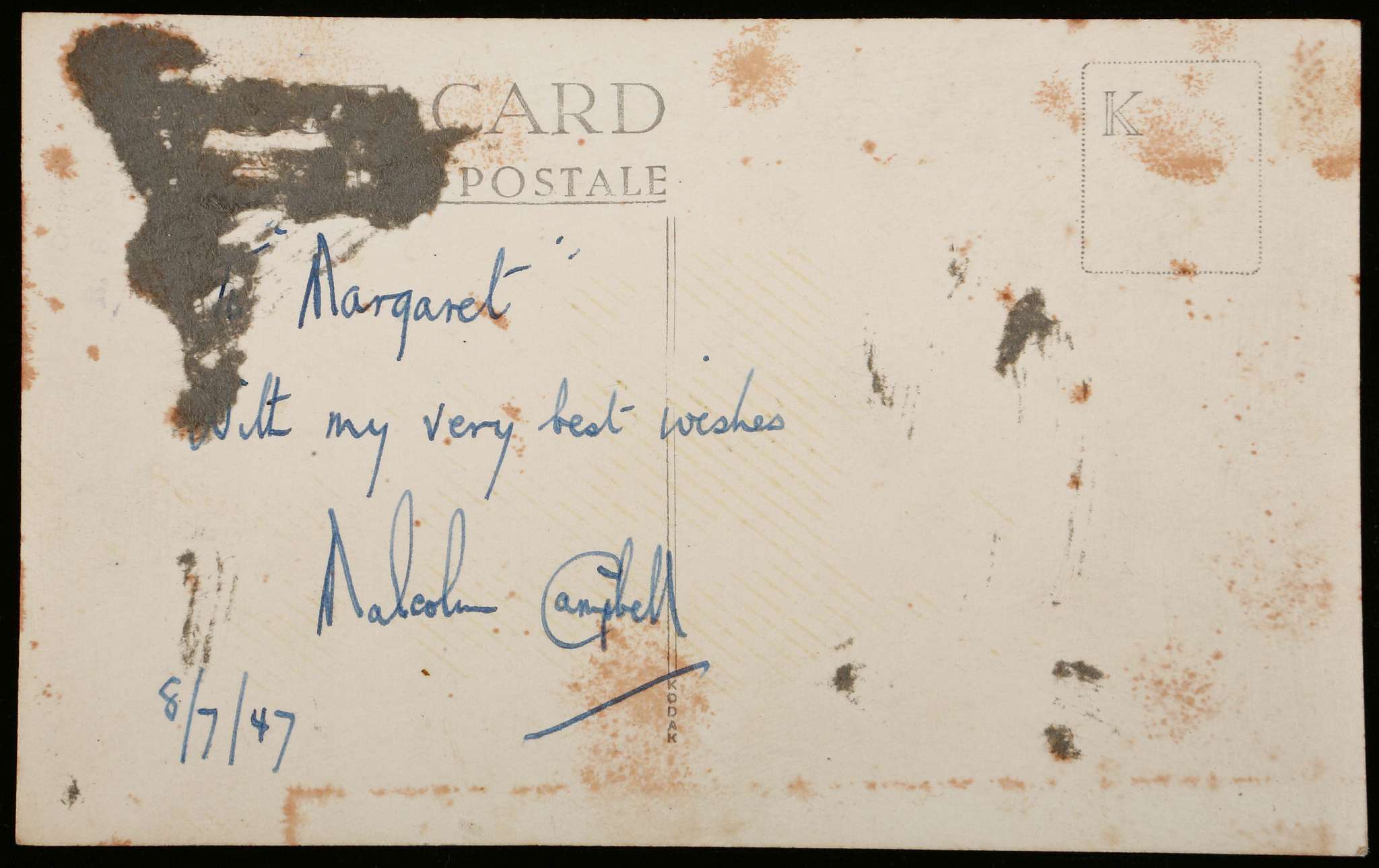 MALCOLM CAMPBELL (1921-1967), a sepia postcard depicting Bluebird, the boat, signed on the back ' - Image 2 of 2