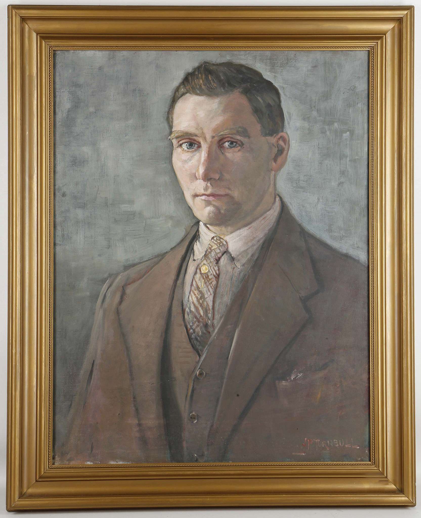 J.F. TURNBULL, oil on canvas laid on board, portrait of a gentleman in a three piece brown suit.