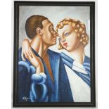An oil painting portrait of an Art Deco couple in an embrace. Signed. 80 x 60cm.