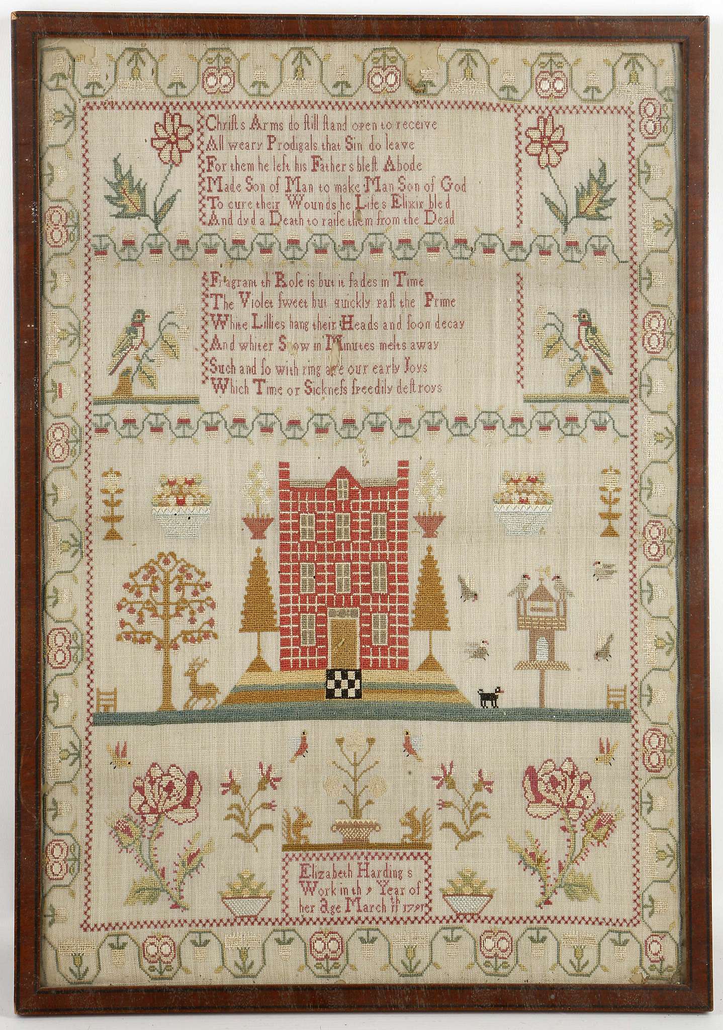 A George III needlework sampler, woven with a house, various flora and fauna, a poem and the