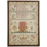 A George III needlework sampler, woven with a house, various flora and fauna, a poem and the