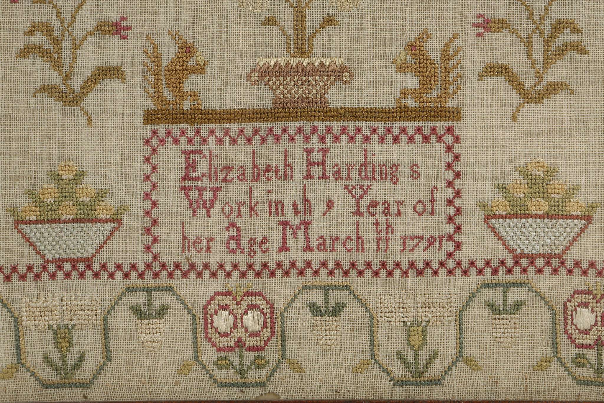 A George III needlework sampler, woven with a house, various flora and fauna, a poem and the - Image 4 of 6