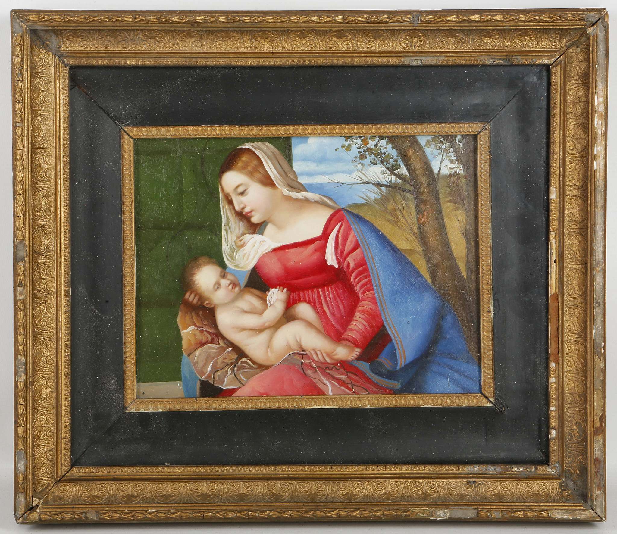 Oil on panel, portrait study of Madonna and infant. Gilt framed. 18 x 24cm.