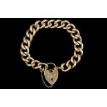 A 9ct gold curb link bracelet, with 9ct heart shaped lock clasp.