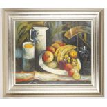 An impressionist oil painting still life of a display of fruit and ceramic ware. 47 x 57cm.