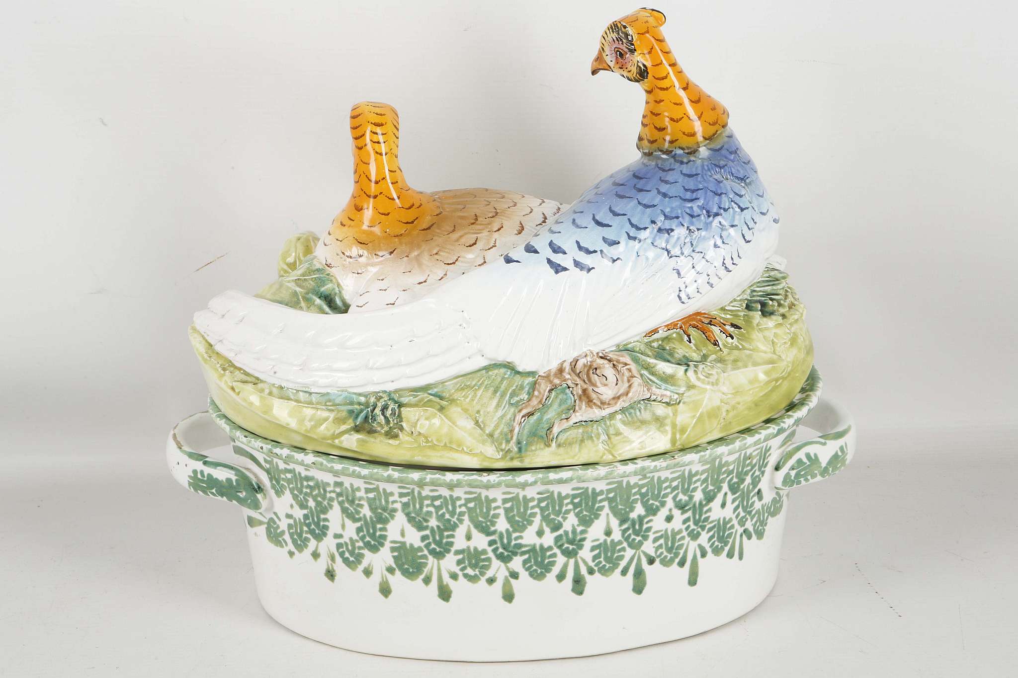 An Italian twin handled game tureen featuring a pair of figural grouse to lid. 33cm long x 30cm - Image 2 of 2