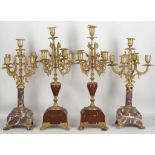 2 Pairs of gilt metal and marble, 5 branch, candelabra, 47cm and 41cm high