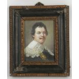An oil painting portrait miniature, portrait of a gentleman with laced collar, Hogarth framed. 9.5 x