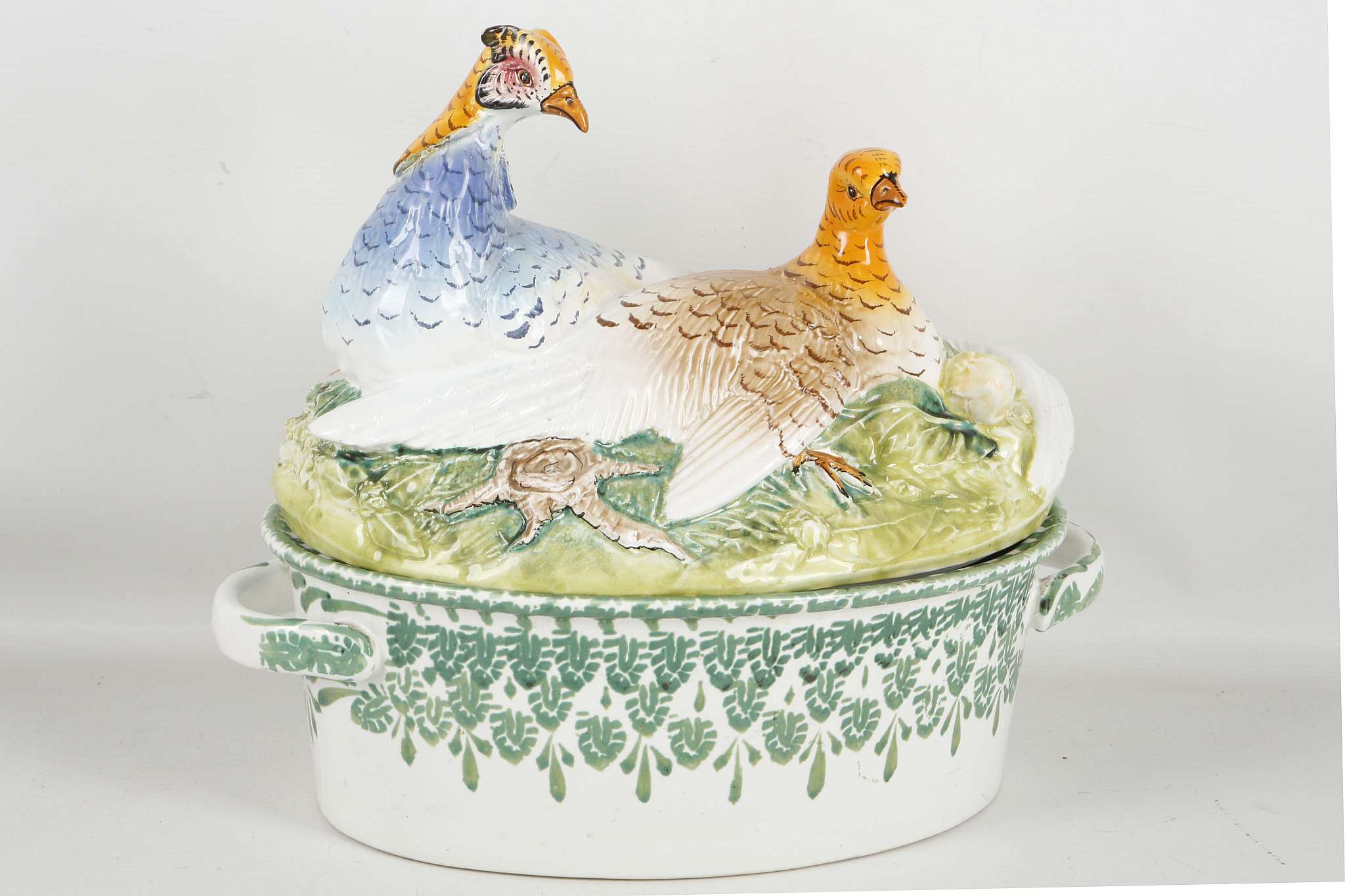 An Italian twin handled game tureen featuring a pair of figural grouse to lid. 33cm long x 30cm