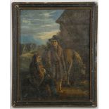 A 19th century oil on tin, portrait of  a family of farm folk with horse, Hogarth framed. 23 x 18cm.