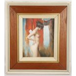 An oil painting, impressionist portrait pose of a nude female. 24.5 x 20cm.