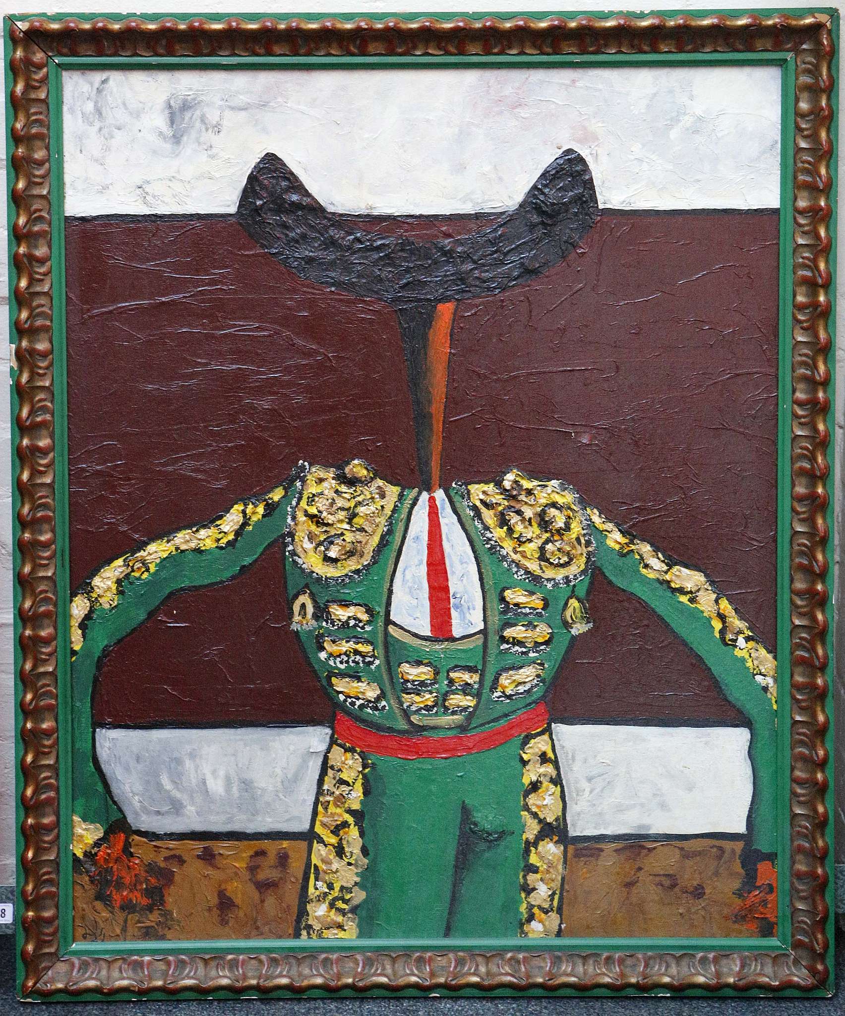 A modern surreal study of a matador in green. Oil on canvas. Monogrammed lower left. Framed. 100 x