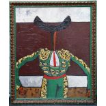 A modern surreal study of a matador in green. Oil on canvas. Monogrammed lower left. Framed. 100 x