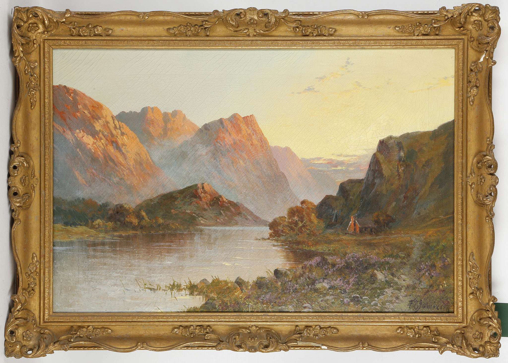 F.E. JAMIESON, 'Loch Etive', oil on canvas, sunset over Scottish mountains. Signed lower right, in a