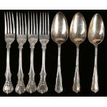 A set of 4 Victorian silver table forks, foliate decoration, London 1860, 390grs and 3 Goldsmith's &