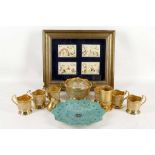 A set of Persian miniatures (framed as one), sold together with an Islamic enamelled dish and a gilt