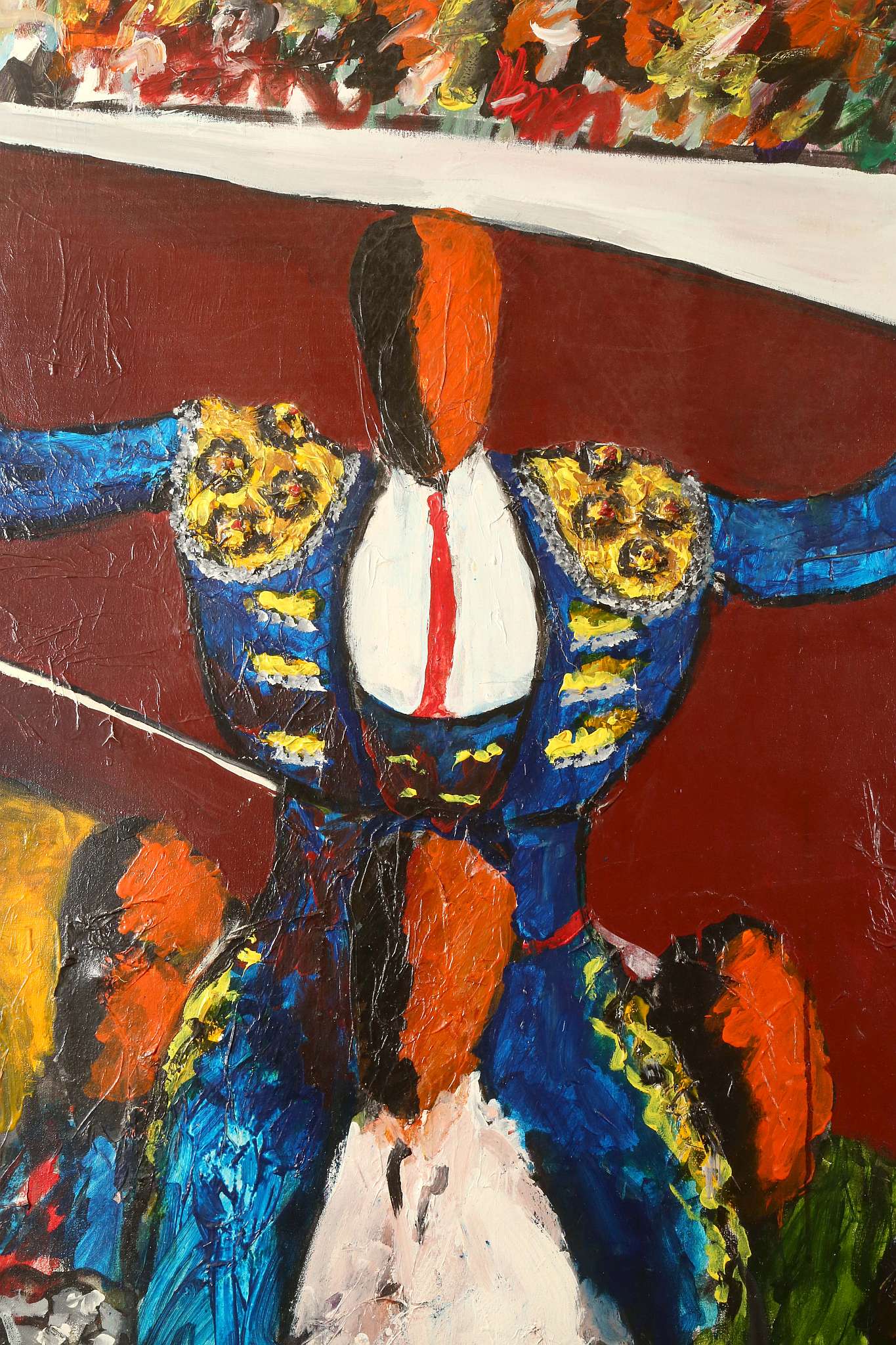 A modern surreal study of a victorious matador mid celebration. Oil on canvas. Monogrammed and dated - Image 2 of 6