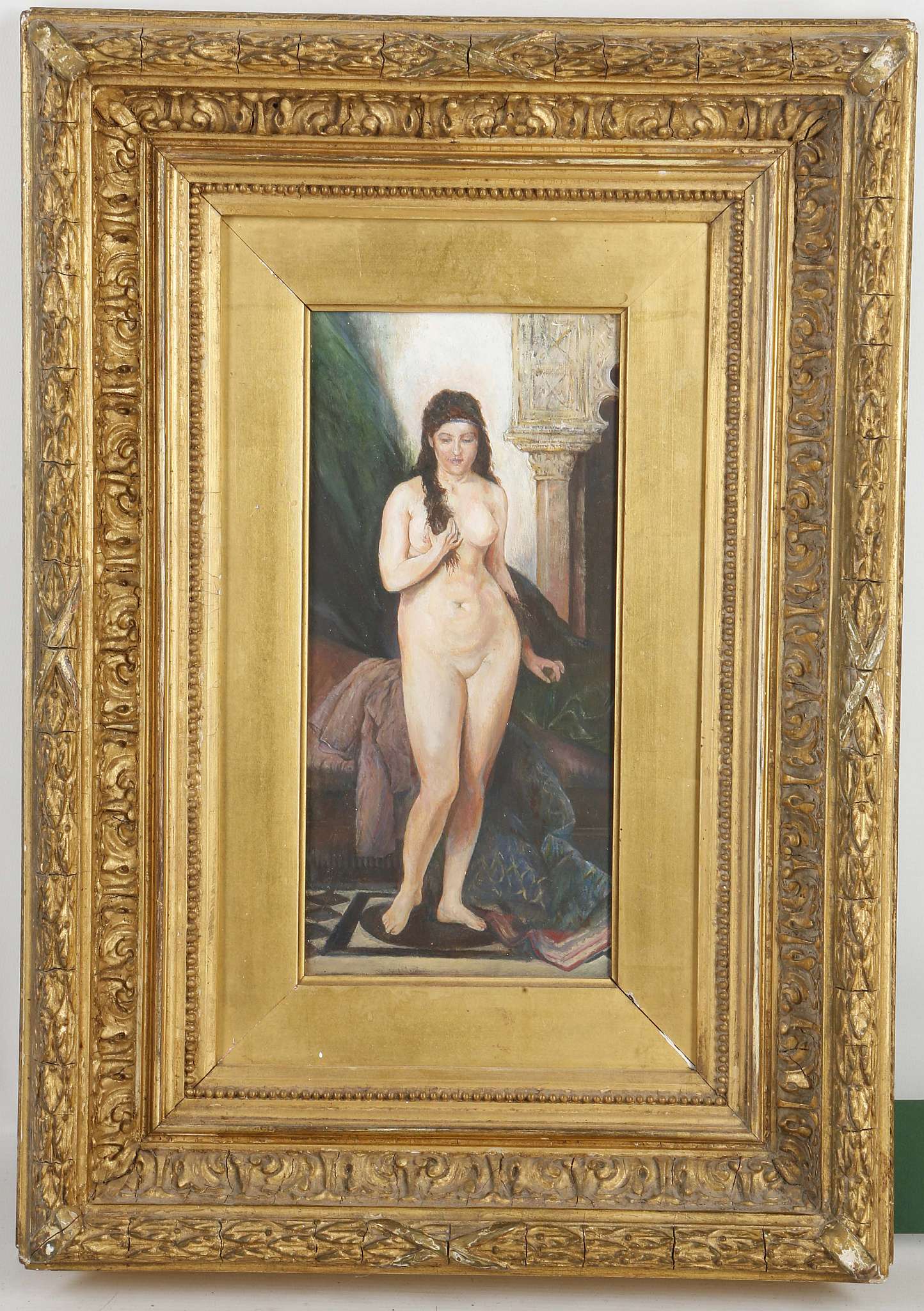 A late 20th century, gouache on card, standing nude in an interior setting. In a giltwood frame.