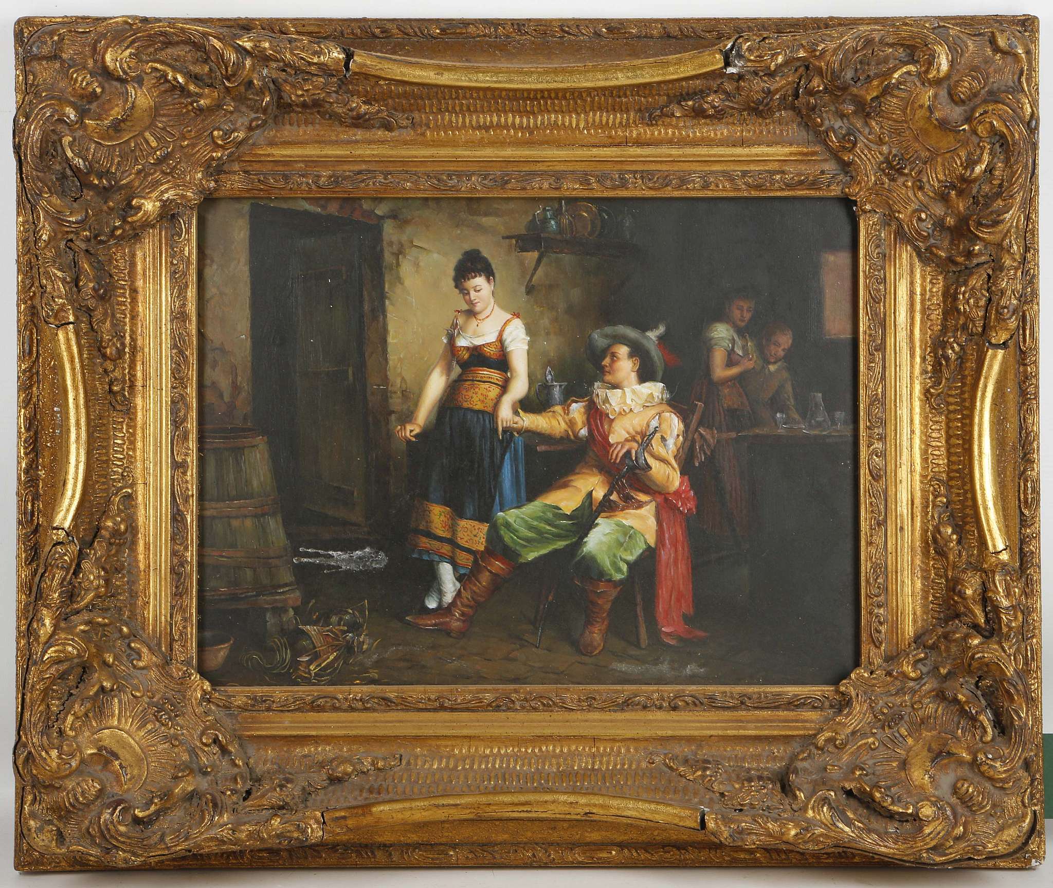 'The Resting Cavalier', a contemporary oil on panel, interior tavern scene. In a giltwood frame.