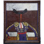 A modern surreal study of a matador in purple. Oil on canvas. Monogrammed lower left. Framed. 100
