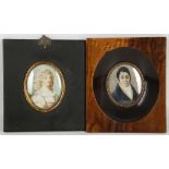 A pair of mounted portrait miniatures, young maiden with lace collar and a gentleman in blue