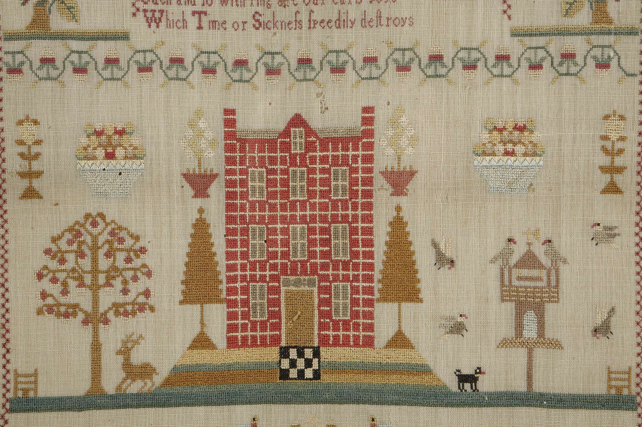 A George III needlework sampler, woven with a house, various flora and fauna, a poem and the - Image 3 of 6