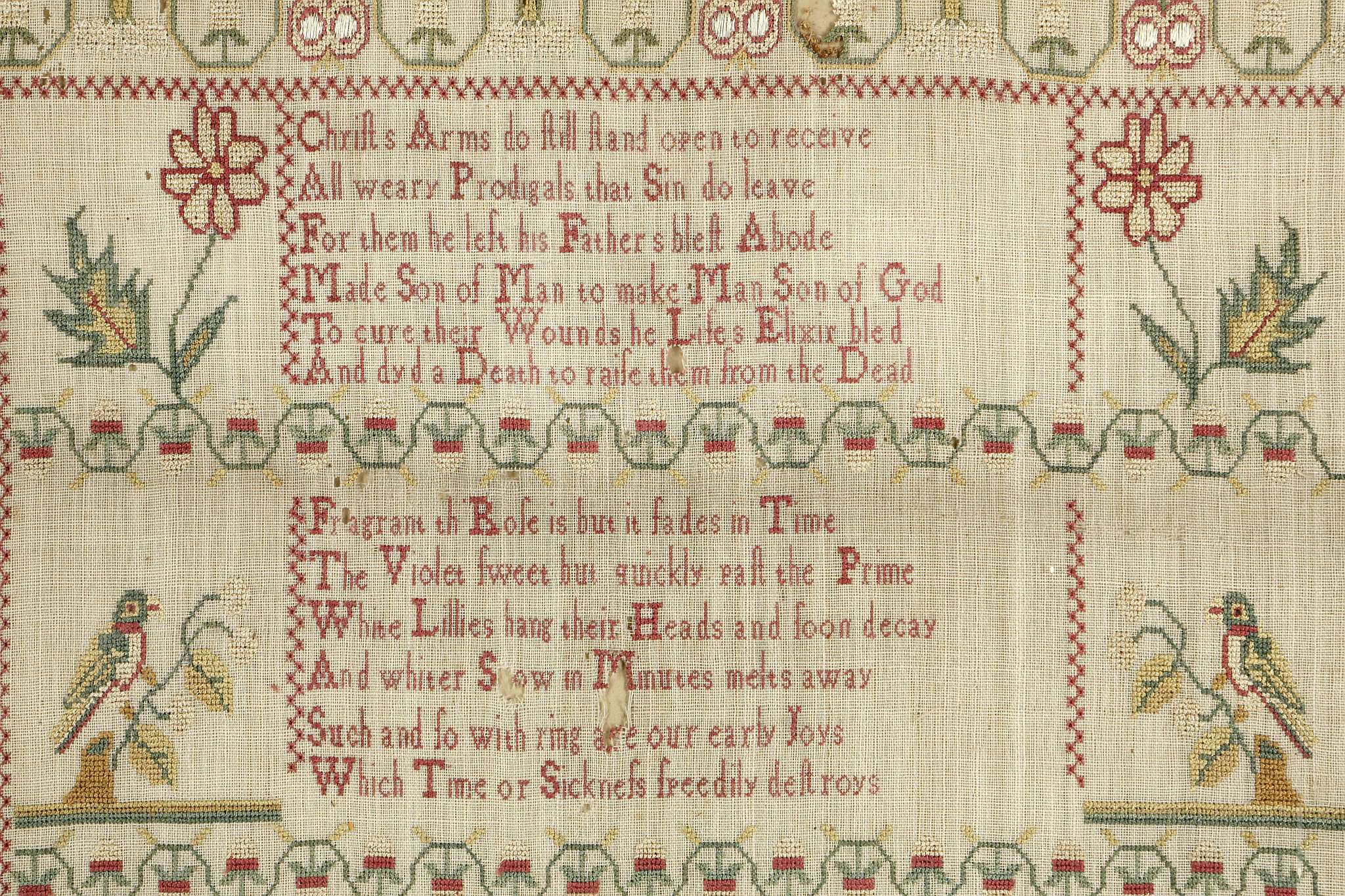 A George III needlework sampler, woven with a house, various flora and fauna, a poem and the - Image 2 of 6