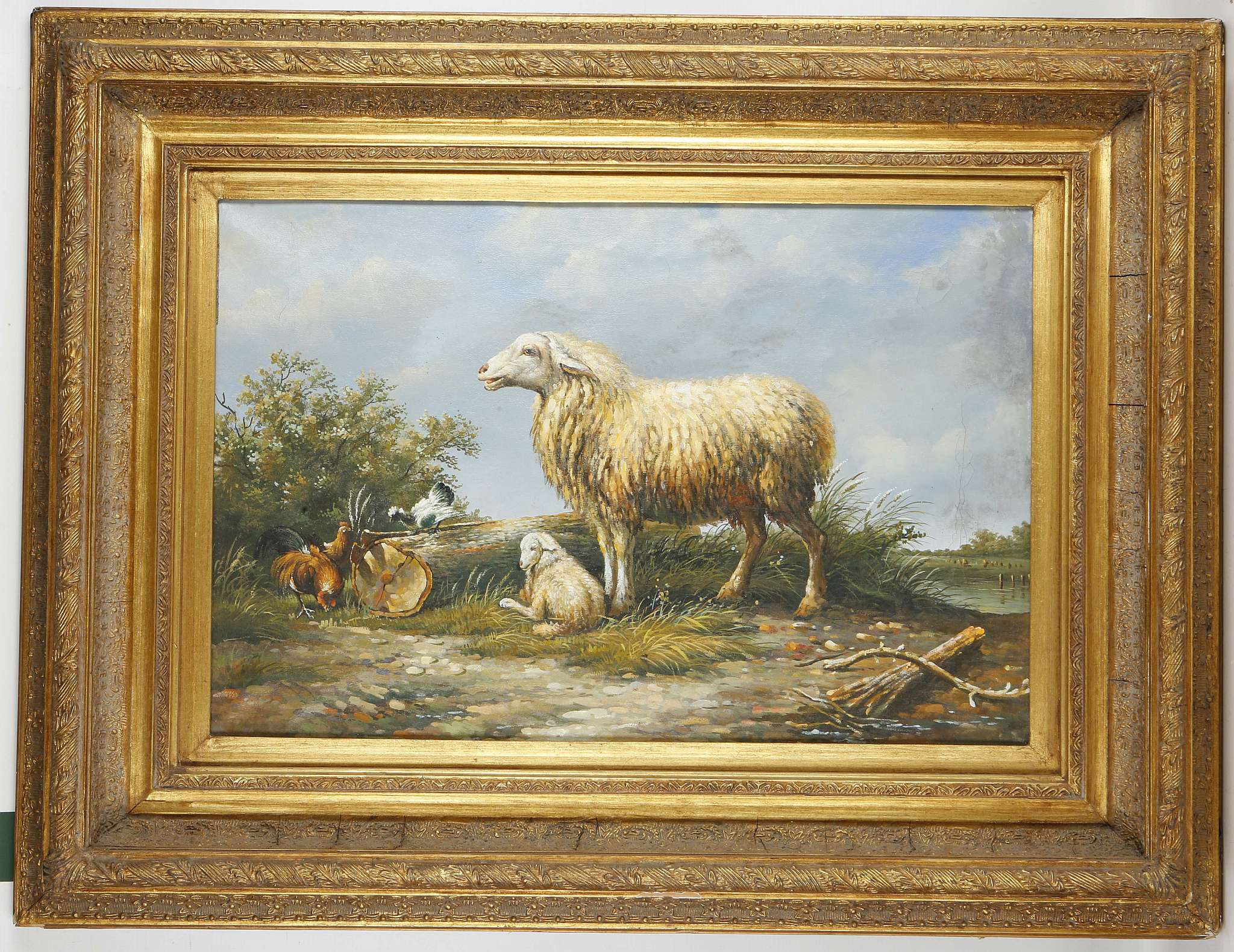 A 20th century, decorative oil on canvas after the antique. Sheep and farmyard chickens. In a