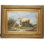 A 20th century, decorative oil on canvas after the antique. Sheep and farmyard chickens. In a